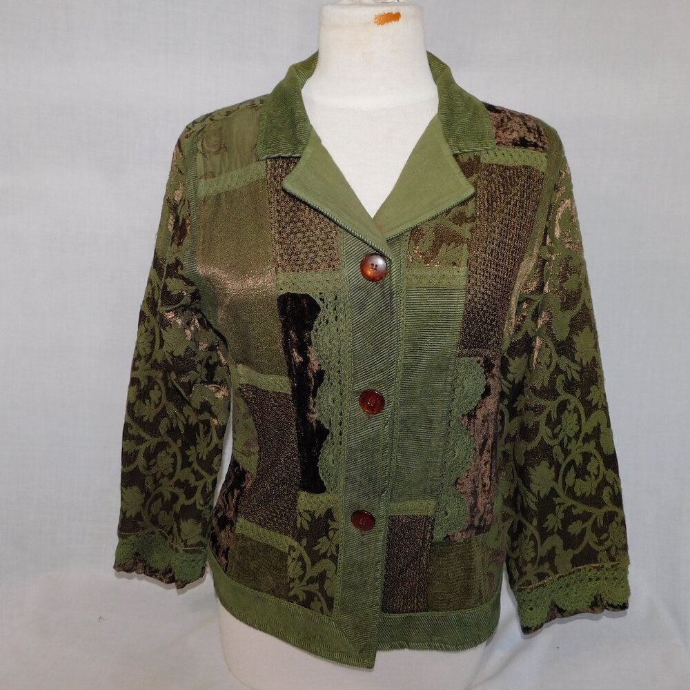 Green Bronze Patchwork Knit Lace Velour Jacket Blazer unique Womens M
